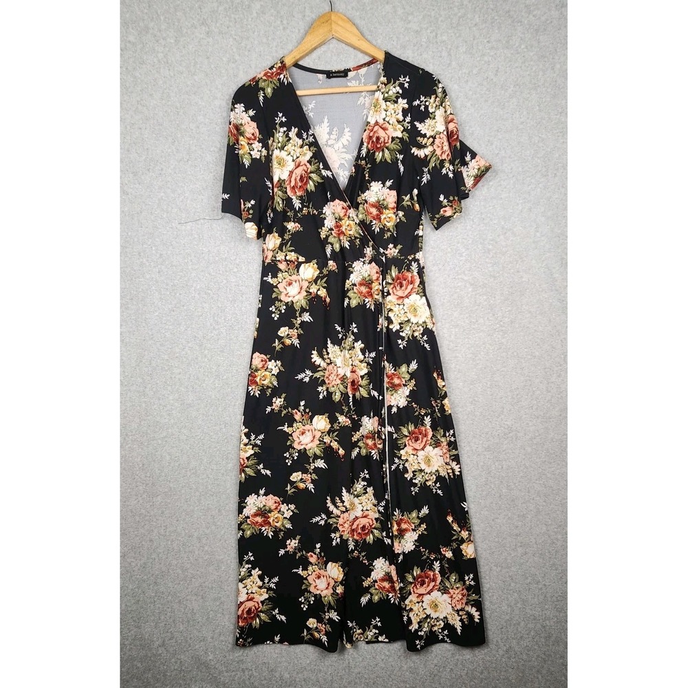 & Harmony Womens‎ 1X Wrap Maxi Dress Black Floral Stretch Cottagecore Romantic